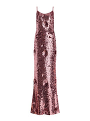 Full view of a rose gold sequin bodycon maxi dress.