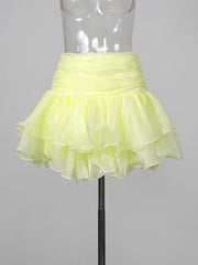 Yellow High Neck Long Sleeve Ruffle Top and Mini Skirt Set