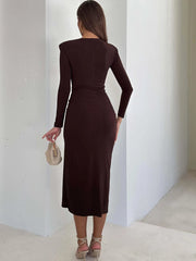 Long Sleeve Draped Metal Detail Maxi Dress