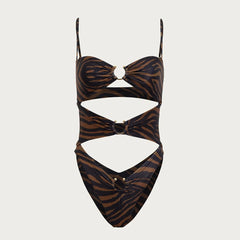 Zebra print cutout one-piece swimsuit displayed flat, front view.