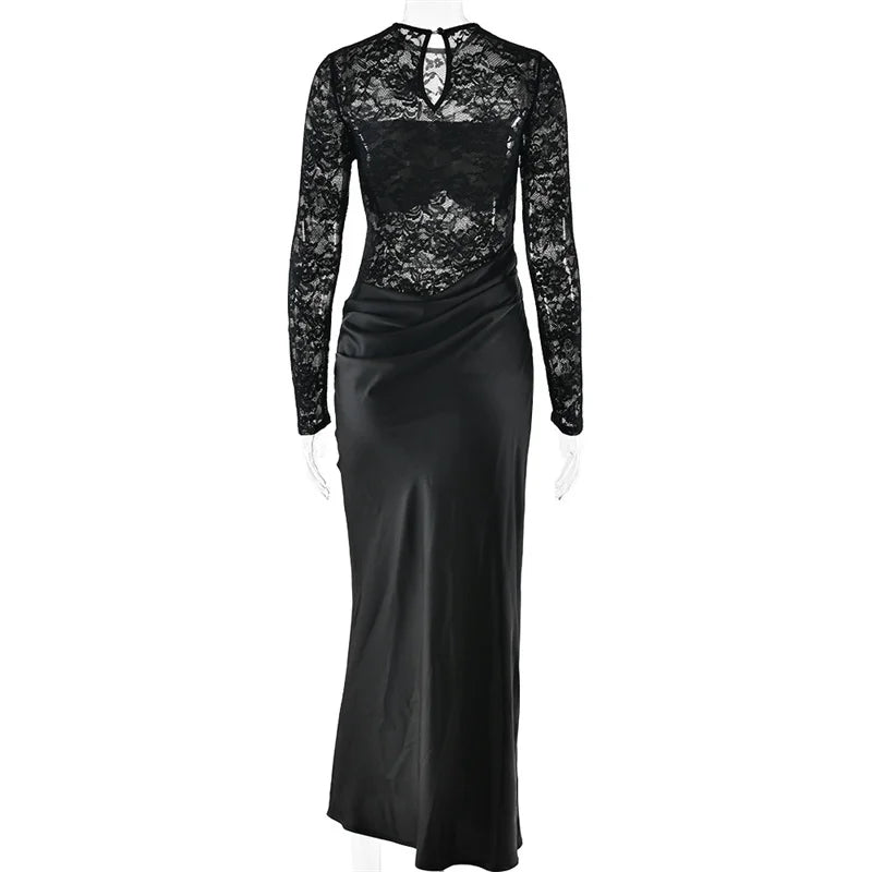 Black evening gown with lace sleeves on a white background