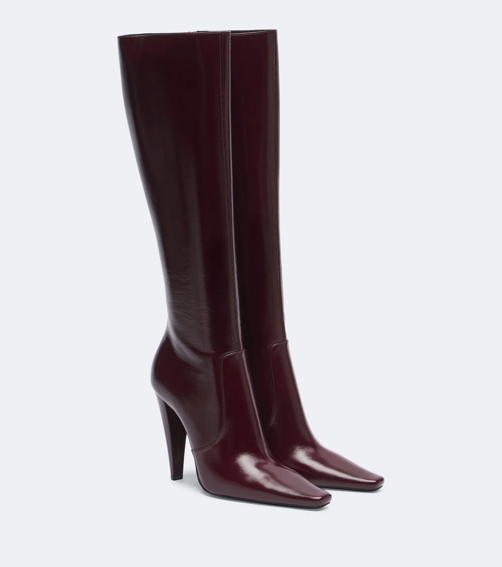 Burgundy patent leather pointed slim high-heeled knee-high boots