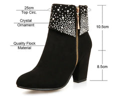 Black ankle boot with crystal embellishments and measurements on a white background