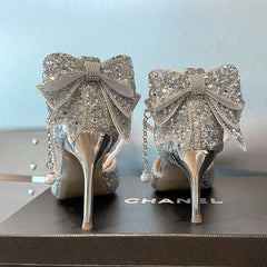 Sequin Bow Pointed Heels | Elegant French Pearl-Lined Slip-Ons