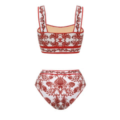 Red and White Patterned Two Piece Swimsuit Set