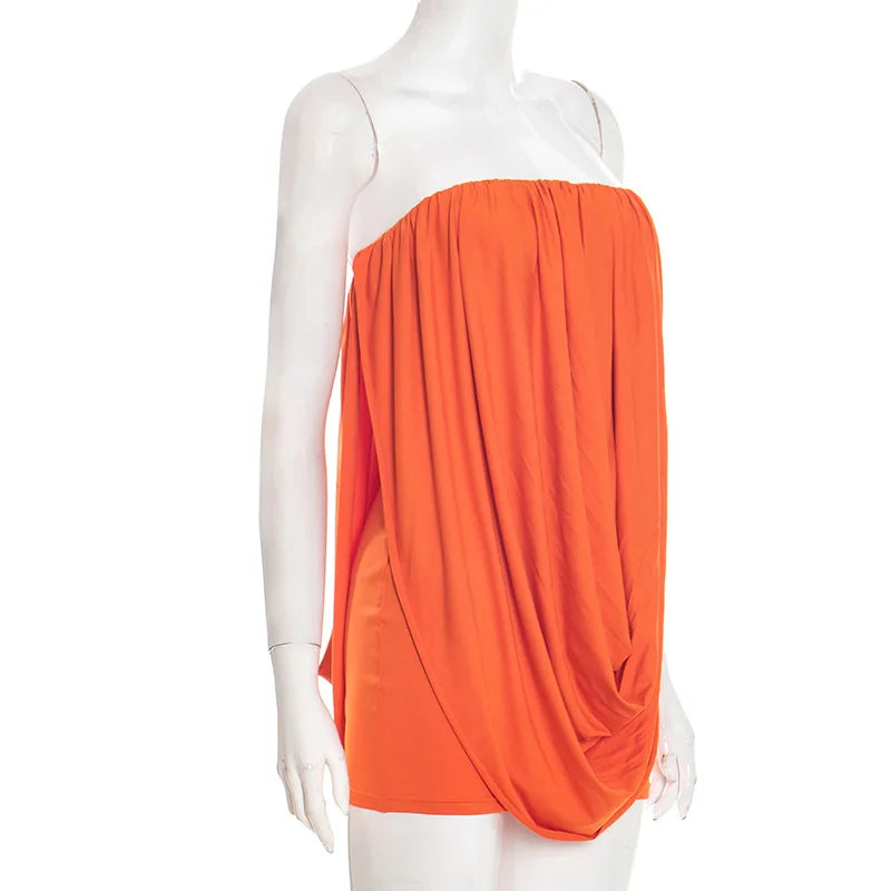Orange strapless top on a mannequin against a white background