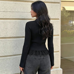 Ribbed Lace Trim Mock Neck Top