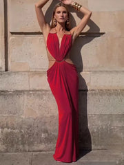 Halter Deep Neck Draped Cut Out Maxi Dress