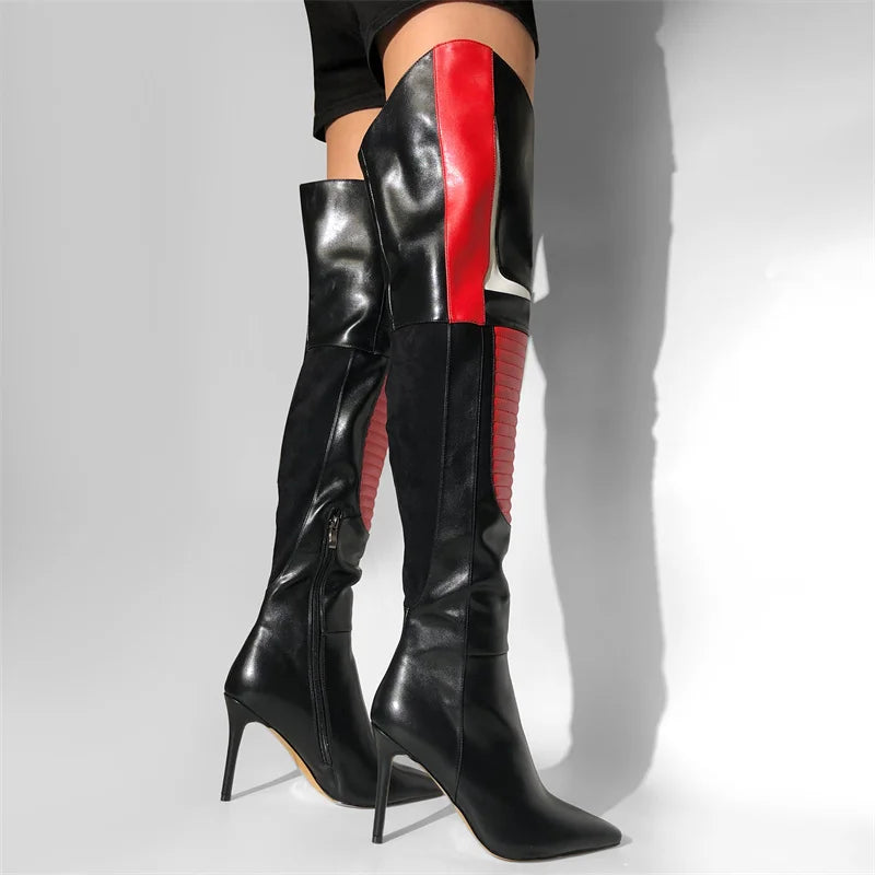 Black and red patchwork pointed toe over the knee boots