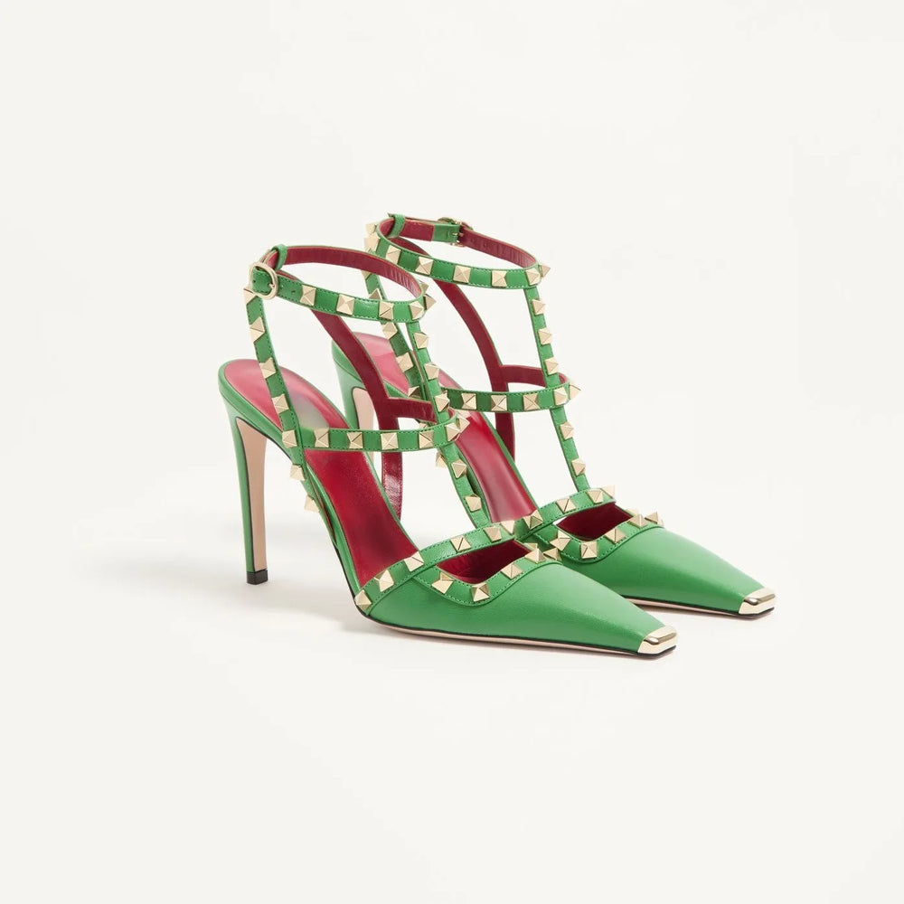 Green riveted square toe stiletto heels