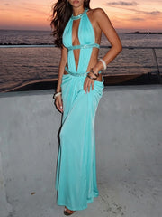 Halter Neck Cutout Sequin Patchwork Maxi Dress