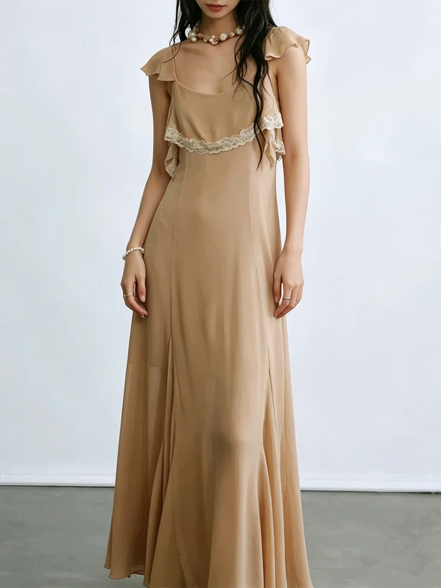 Beige ruffled lace trim maxi dress front view
