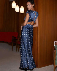 Satin Polka Dot Cap Sleeve Maxi Dress