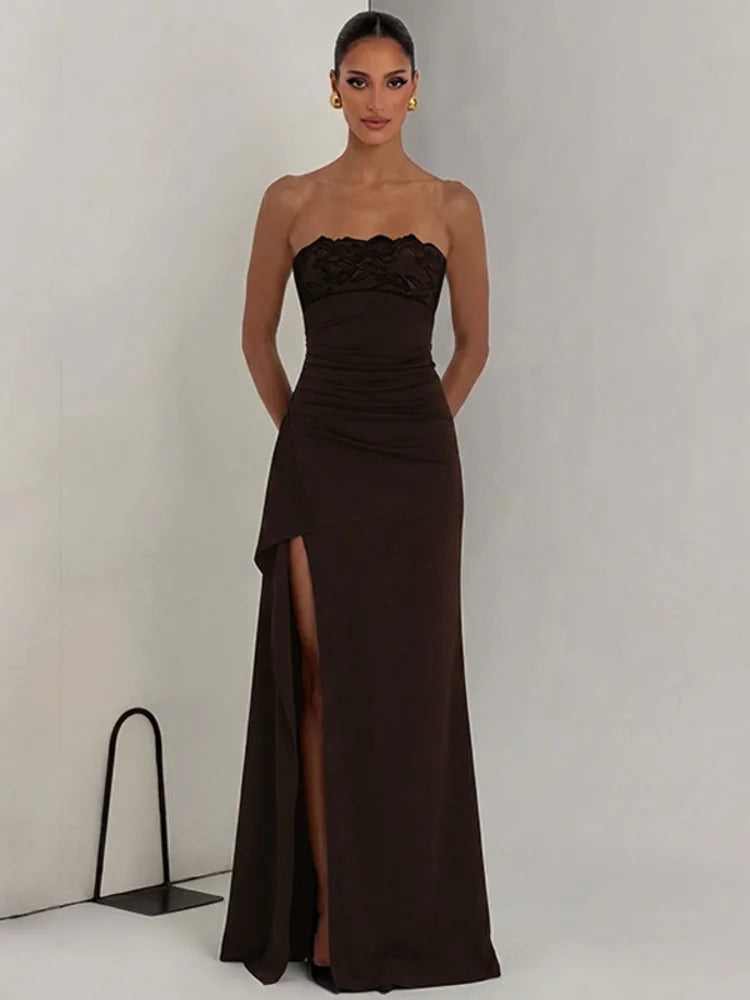 Strapless lace patchwork high split maxi dress
