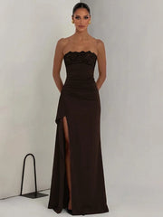 Strapless lace patchwork high split maxi dress