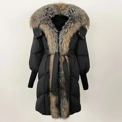 Black winter coat with fur trim on a white background