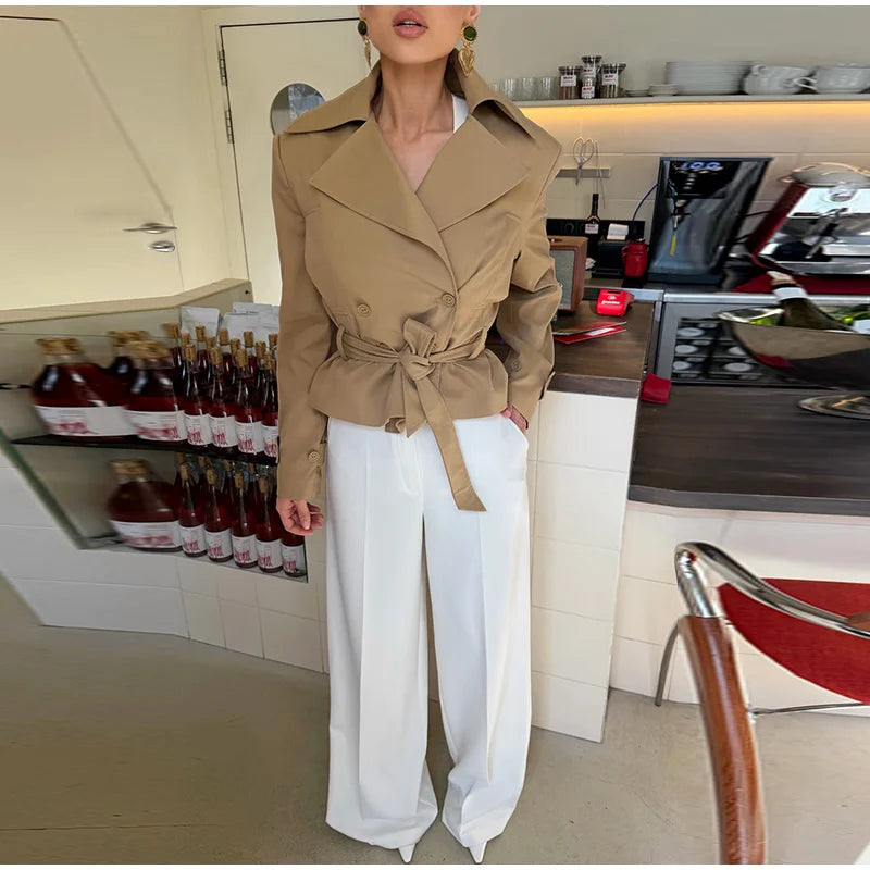 Belted mock neck cropped jacket with button details and cuff straps