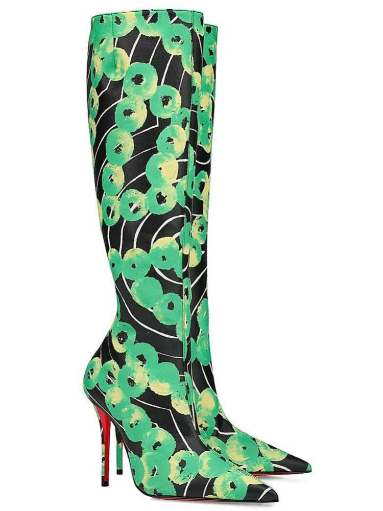 Green printed knee high pointed toe boots