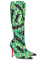 Green printed knee high pointed toe boots