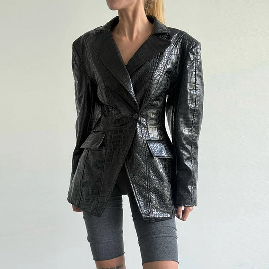 Black croc embossed faux leather jacket