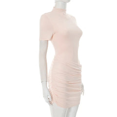 Cut-Out Ruched Mini Dress – Pink High Neck Clubwear