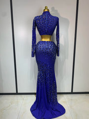 High neck long sleeve cutout rhinestone crop top and floor-length skirt set back view.