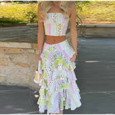 Printed ruffled crop top and cascading ruffle maxi skirt set