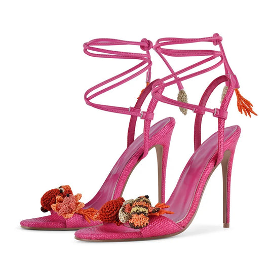 Embellished lace-up stiletto sandals