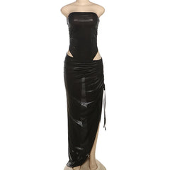 Black strapless drawstring skirt set with ruched details design on a mannequin against a white background