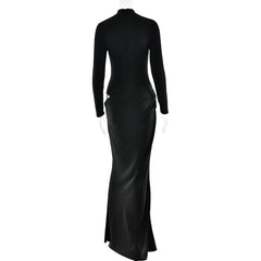 Satin Draped Cutout Turtleneck Maxi Dress