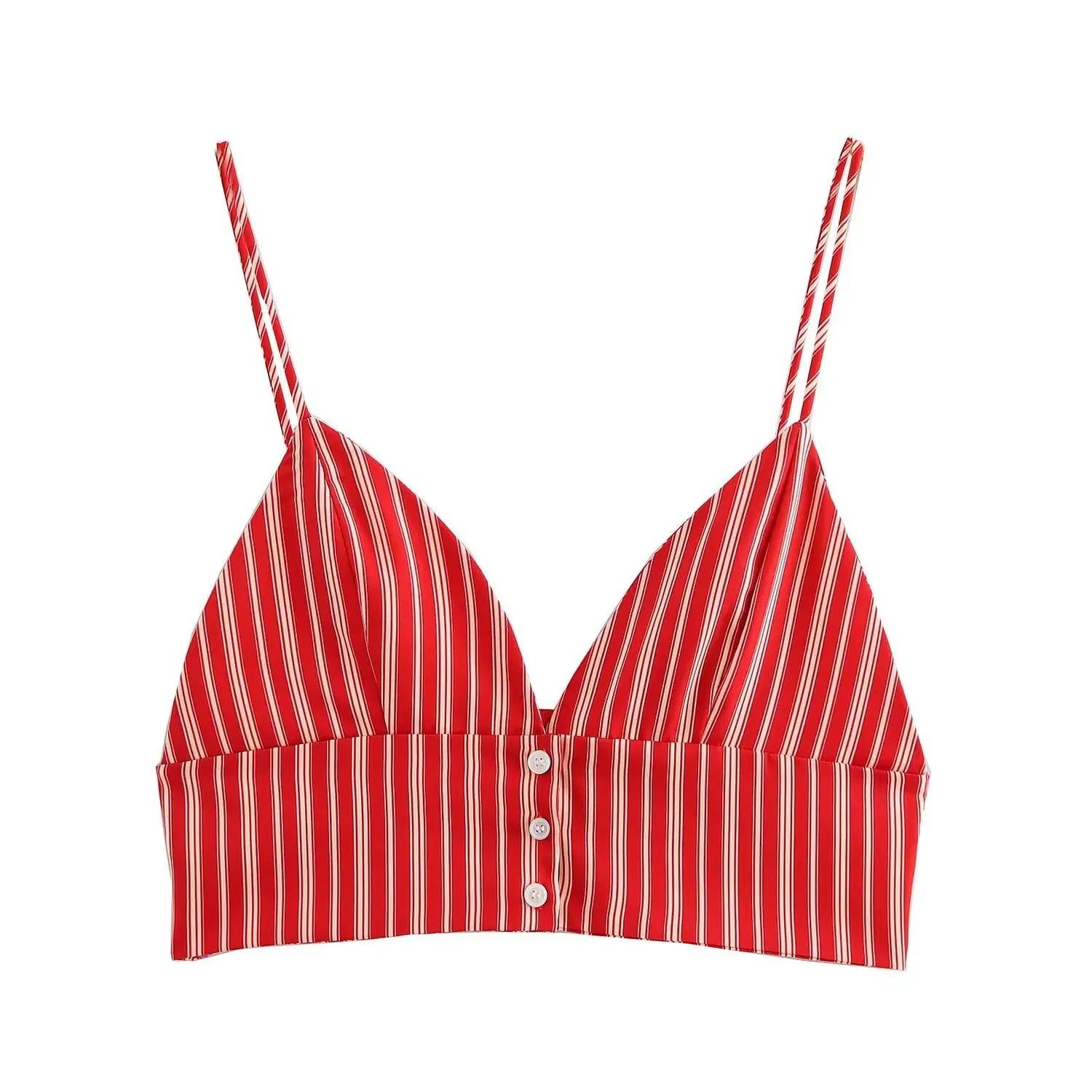 Red and white striped bikini top on a white background