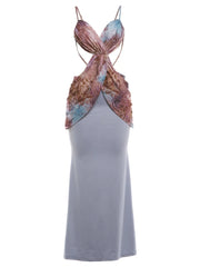 Grey Metal Decoration Patchwork Cutout V-Neck Maxi Dress