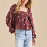Floral embroidered square neck peplum top in claret