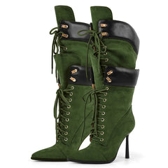 Pointed Toe Lace Up Mid Calf Boots