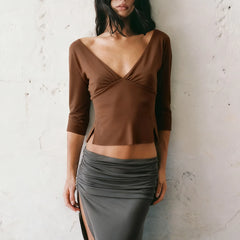 Deep V-Neck Twist-Front Half Sleeve Top