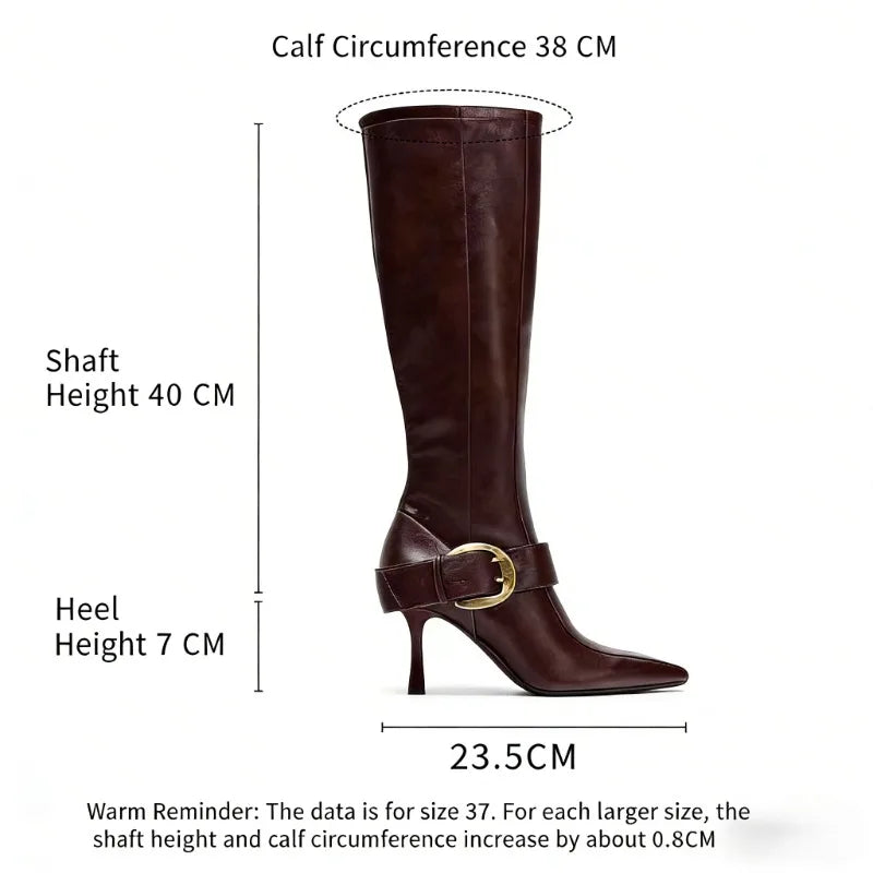 Sizing guide for pointed toe stiletto heel knee high boots.