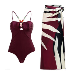 One-Shoulder Swimsuit with Oversized Flower Detail and Matching Printed Sarong Set
