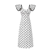 White polka dot off-shoulder midi dress with ruched bodice