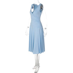 V-Neck Wrap Sleeveless Ruched Midi Dress