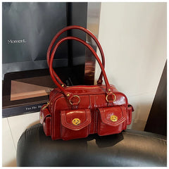 Microfiber Leather Vintage Pocket Satchel – Black & Burgundy