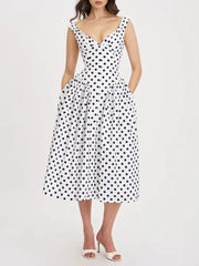 White Polka Dot V-Neck A-Line Midi Dress