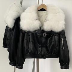 Black leather jacket with white fur collar on a hanger against a white background