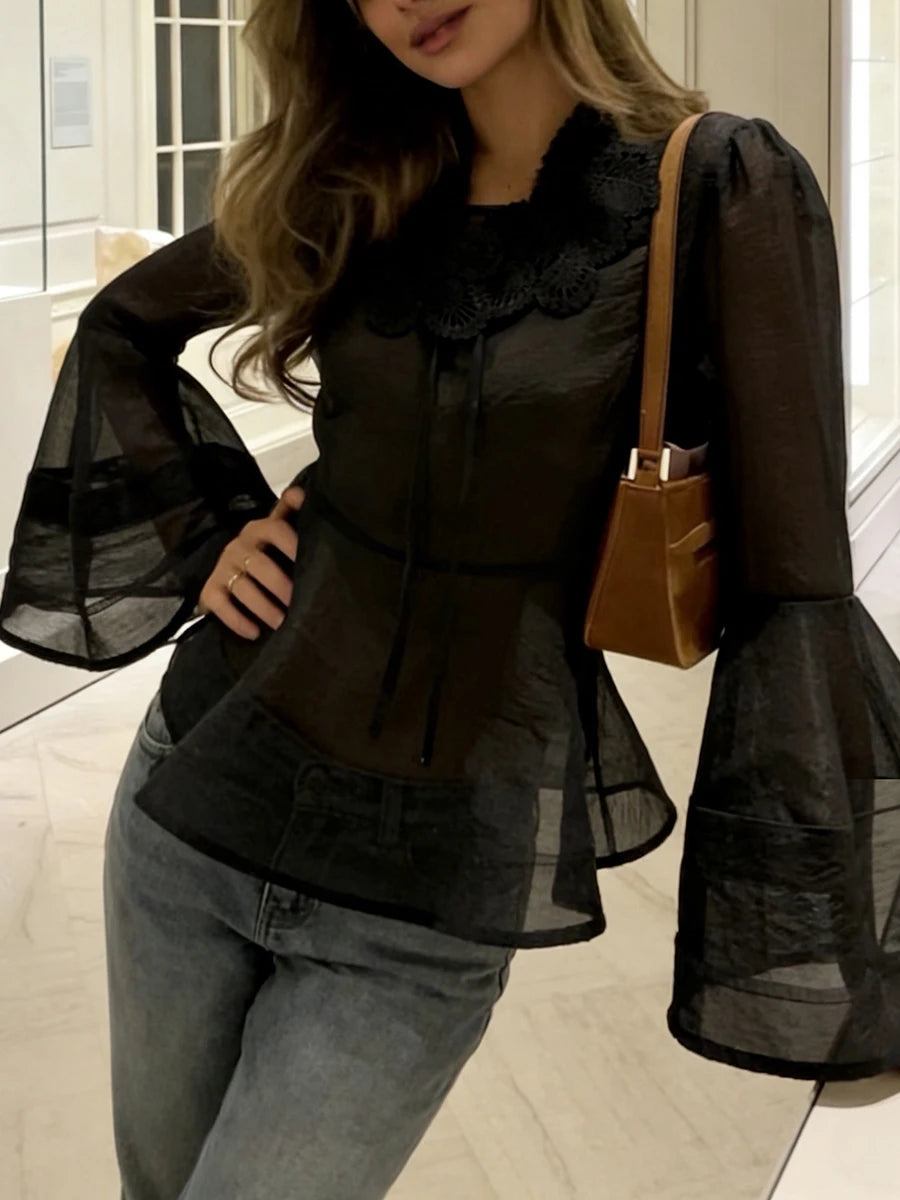 Person wearing a black blouse with sheer sleeves and a brown handbag indoors.