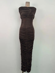 Pleated Cape Long Dress with Sculpted Sheath Silhouette