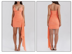Orange Spaghetti Strap Pleated Bodycon Mini Dress