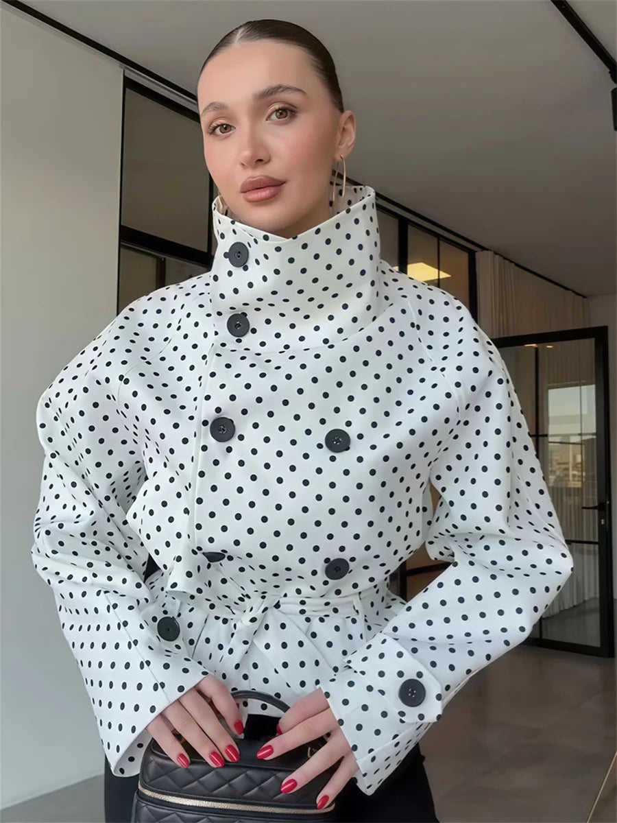 White polka dot double-breasted belted jacket