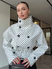 White polka dot double-breasted belted jacket