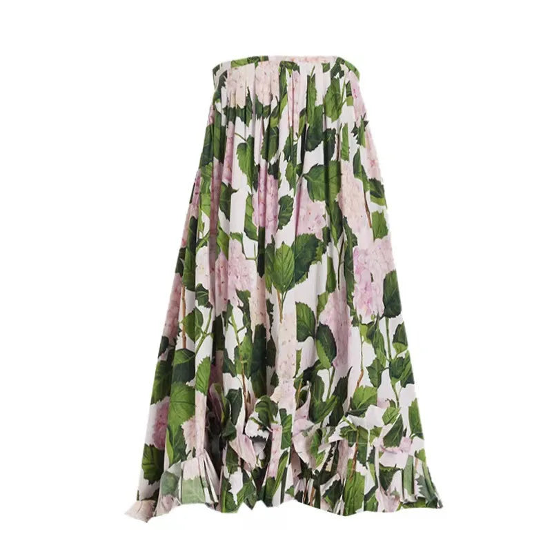 Flowing long skirt with hydrangea print and ruffled hem