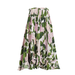 Flowing long skirt with hydrangea print and ruffled hem