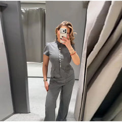 Short Sleeve Pinstripe Fitted Blazer and Wide Leg Pants Two-Piece Set